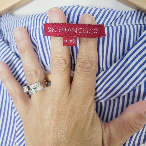 San Francisco White Crocheted Blue Striped Blouse 3/4 Sleeve Cotton Blend Sz XS - Picture 5 of 9